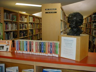 a row of books on the library front desk