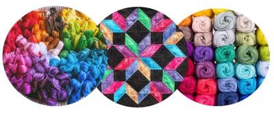 closeup views of colorful yarn and a quilt